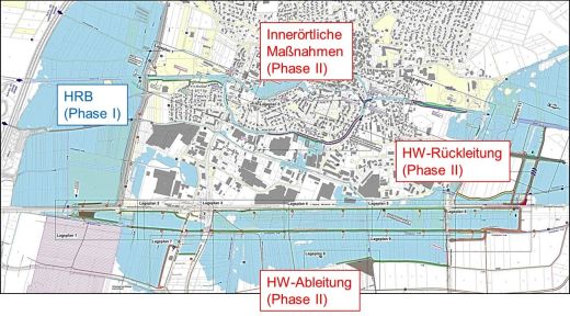 Darstellung der Phasenweise Umsetzung (öffentlich rechtlich und baulich) der Hochwasserschutzmaßnahmen im Bereich der Stadt Burgau
