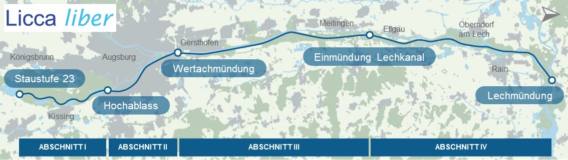 Das Bild zeigt die Einteilung des renaturierten Lechs in vier Planungsabschnitte